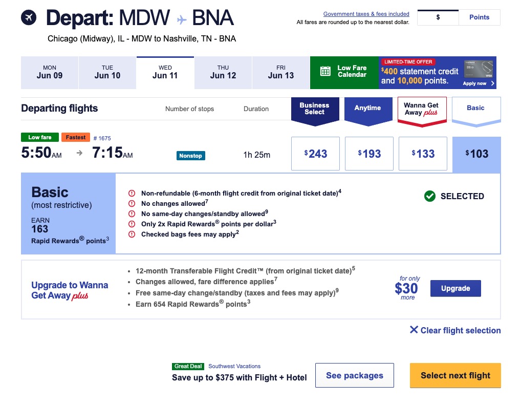 Southwest Basic fare from Midway to Nashville